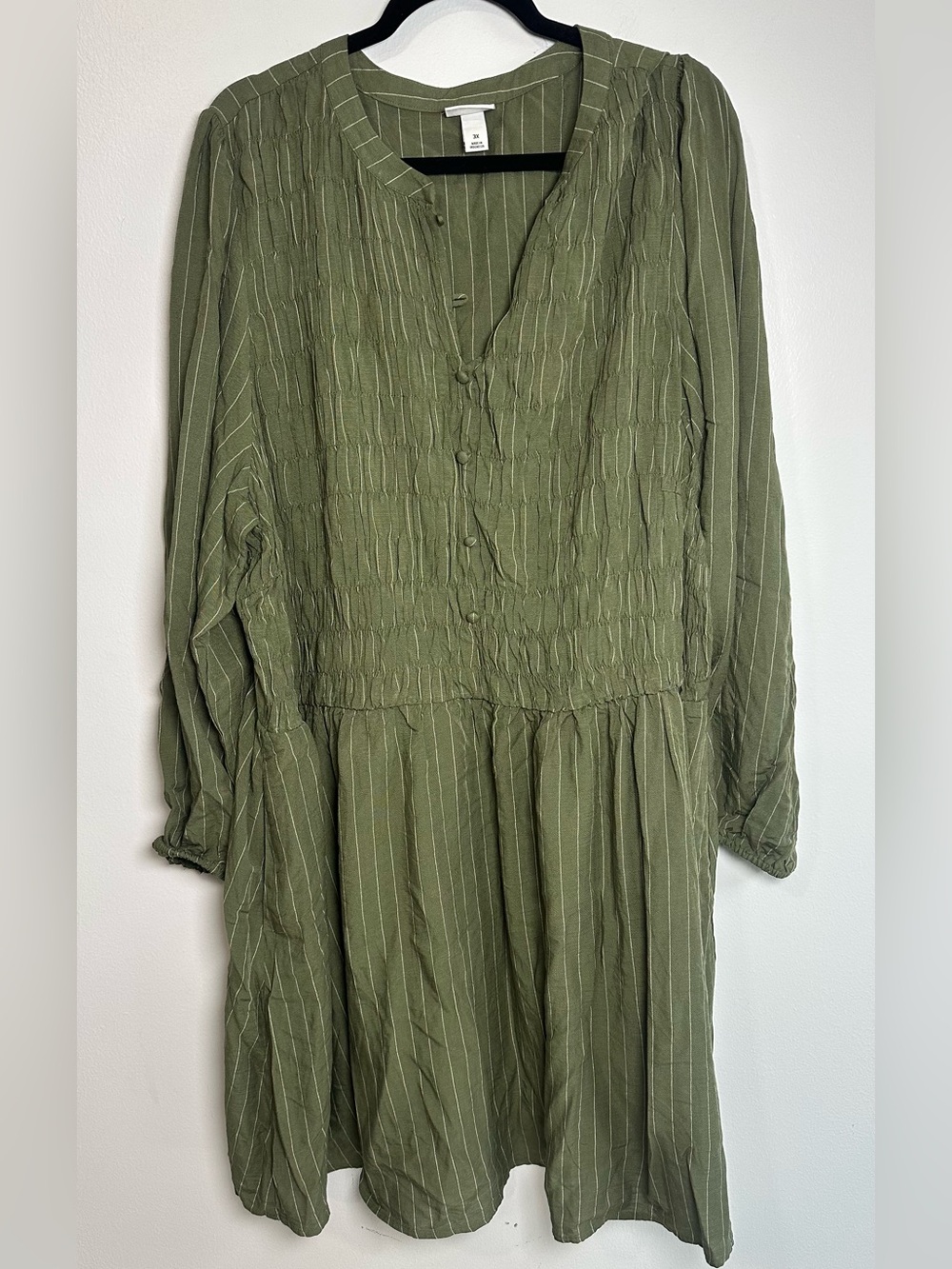 Ava & Viv Olive Pinstripe Long Sleeve Smocked Dress size 3X great for Fall!